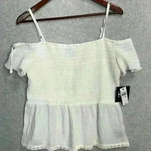 NWT By & By Sz XL Off The Shoulder White Lace Peplum Shirt Cold Shoulder Girly